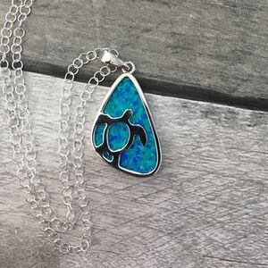 Sterling Silver Lab opal Turtle Necklace